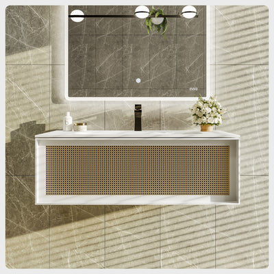 Nets 32"W x 20"D Natural Oak Wall Mount Bathroom Vanity with White Solid Surface Countertop and Integrated Sink