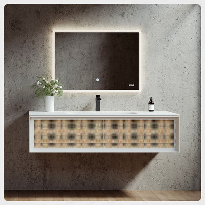 Nets 39"W x 20"D Natural Oak Wall Mount Bathroom Vanity with White Solid Surface Countertop and Integrated Sink