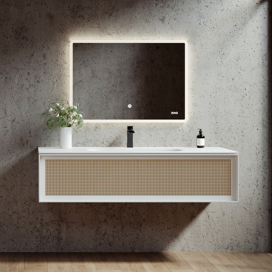 Nets 39 in. Natural Oak/White Wall Mount Single Sink Bath Vanity with Solid Surface Top and Integrated Sink