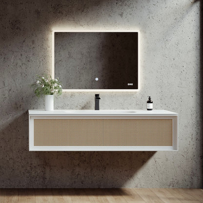 Nets 39 in. Natural Oak/White Wall Mount Single Sink Bath Vanity with Solid Surface Top and Integrated Sink