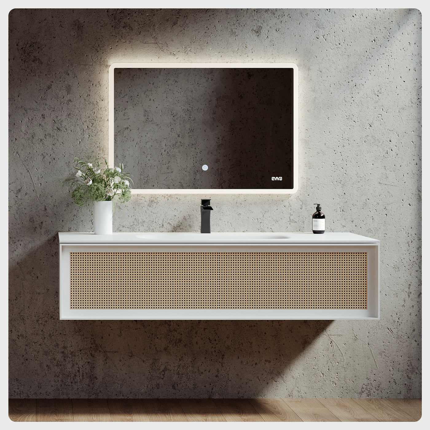 Nets 44"W x 20"D Natural Oak Wall Mount Bathroom Vanity with White Solid Surface Countertop and Integrated Sink