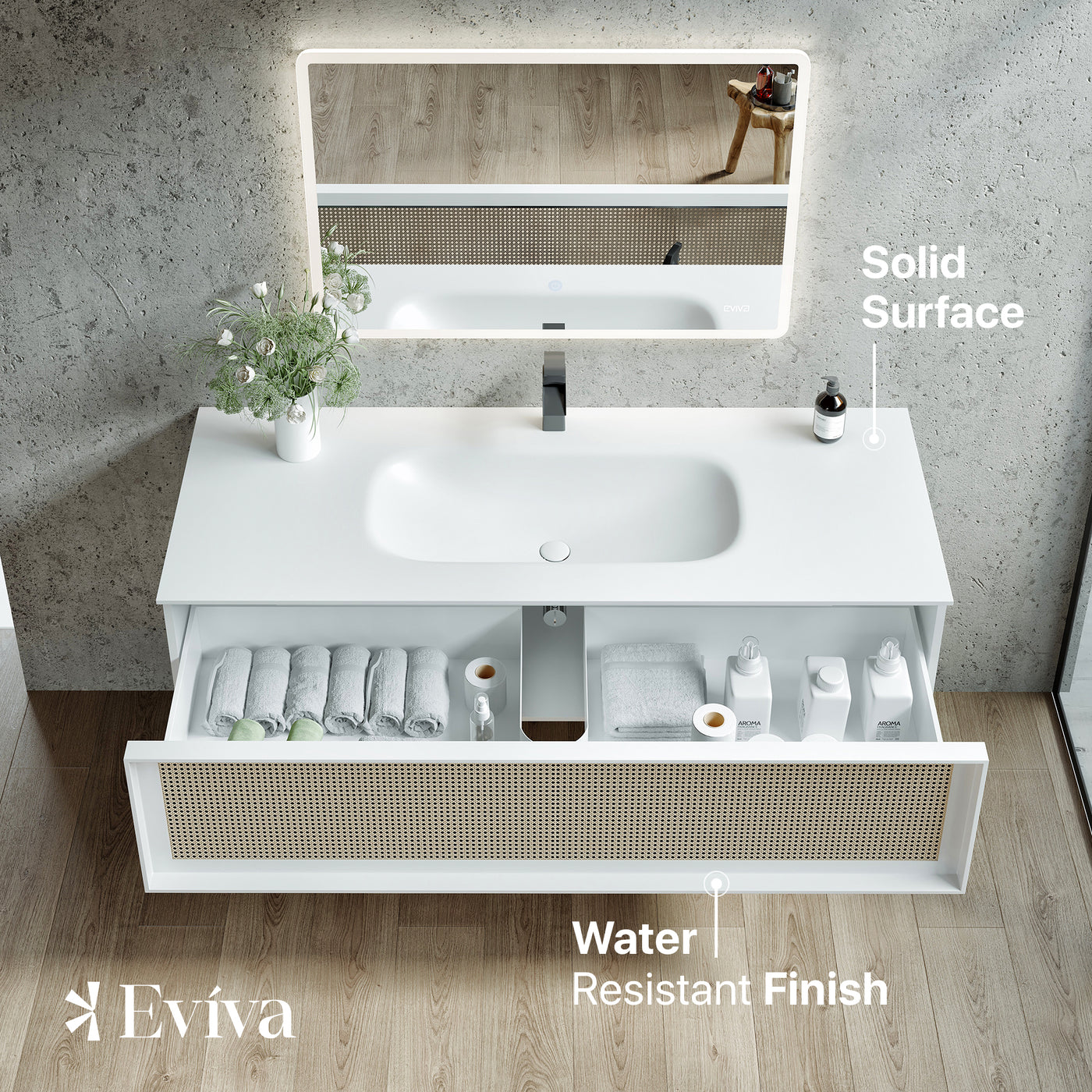 Nets 44"W x 20"D Natural Oak Wall Mount Bathroom Vanity with White Solid Surface Countertop and Integrated Sink