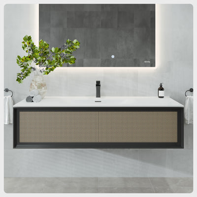 Nets 44"W x 20"D Natural Oak Wall Mount Bathroom Vanity with White Solid Surface Countertop and Integrated Sink