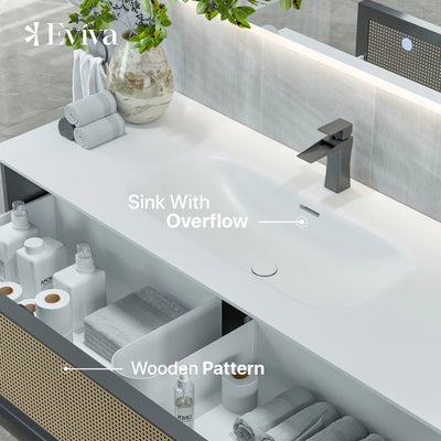 Nets 44"W x 20"D Natural Oak Wall Mount Bathroom Vanity with White Solid Surface Countertop and Integrated Sink