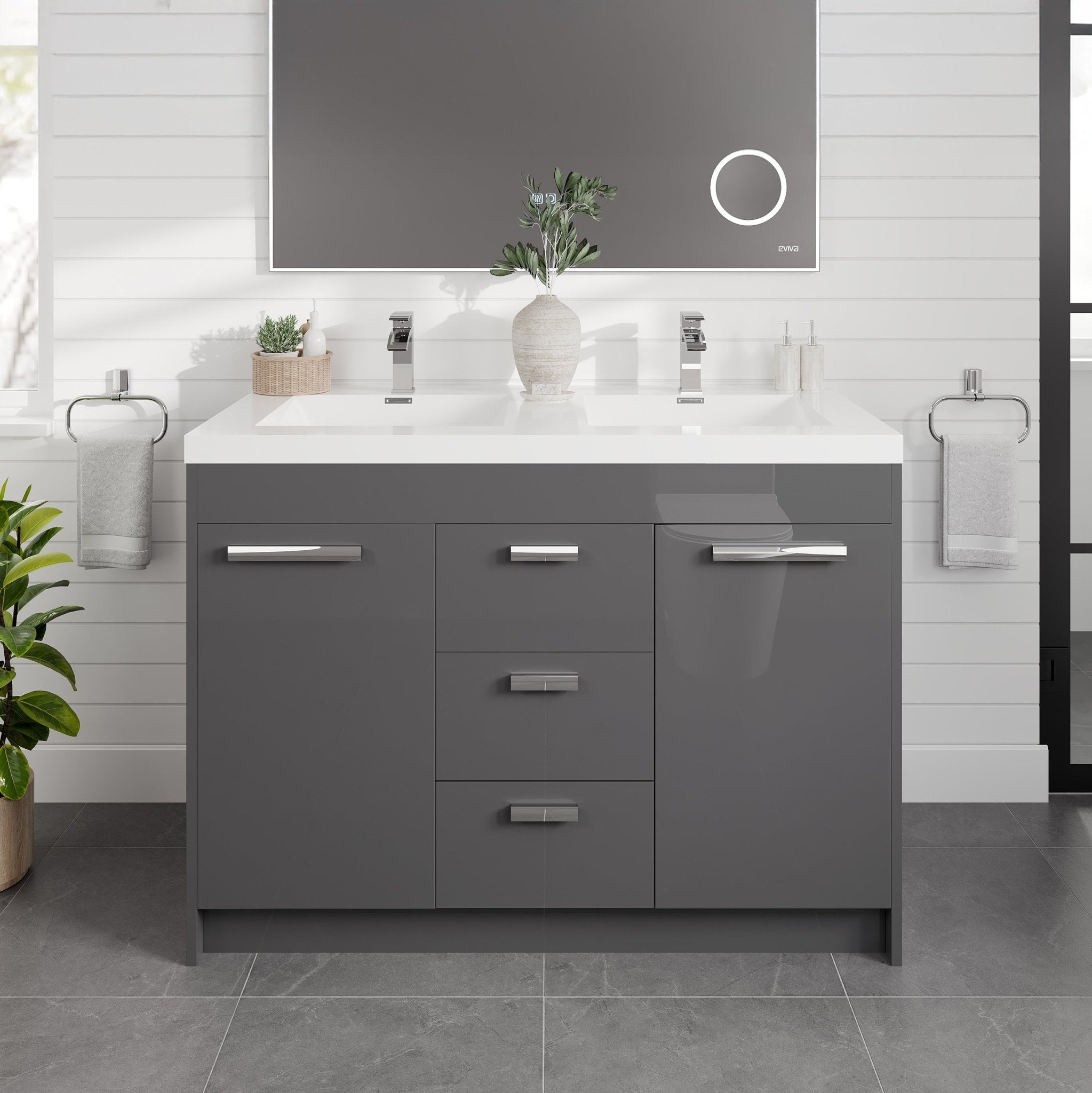 Lugano 48 in. Gray Double Sink Bath Vanity with Acrylic Top and Integrated Sinks - Bathroom Vanity by Eviva