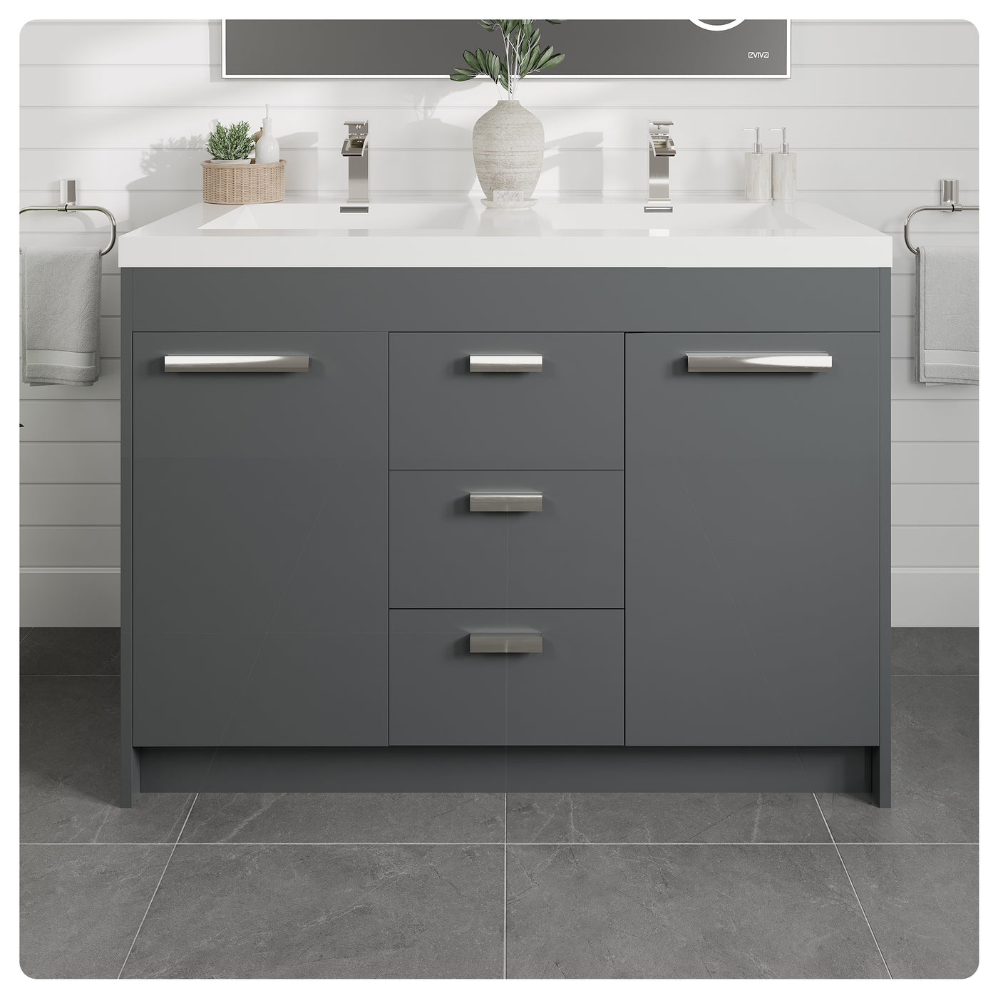 Lugano 48"W x 20"D Gray Double Sink Bathroom Vanity with White Acrylic Countertop and Integrated Sinks