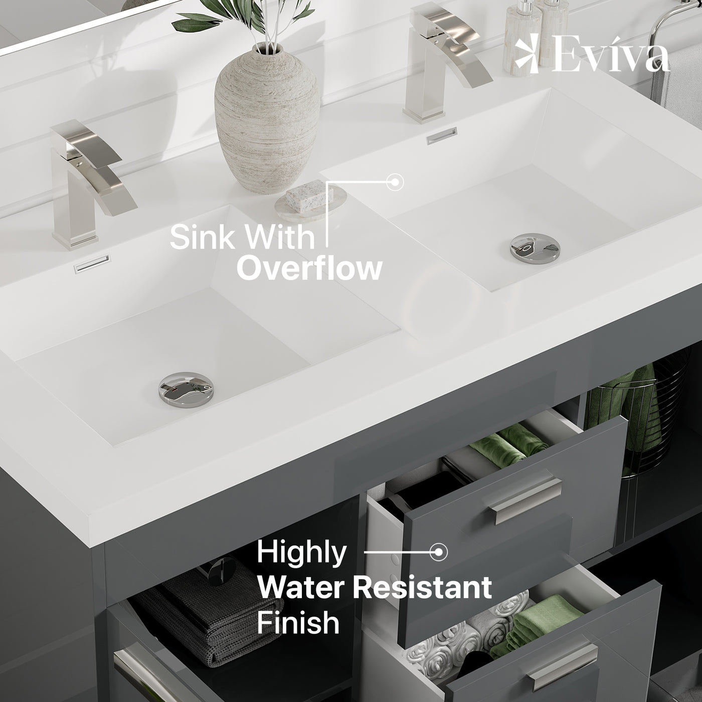 Lugano 48"W x 20"D Gray Double Sink Bathroom Vanity with White Acrylic Countertop and Integrated Sinks