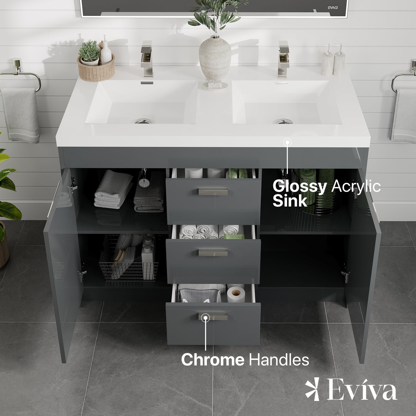 Lugano 48"W x 20"D Gray Double Sink Bathroom Vanity with White Acrylic Countertop and Integrated Sinks