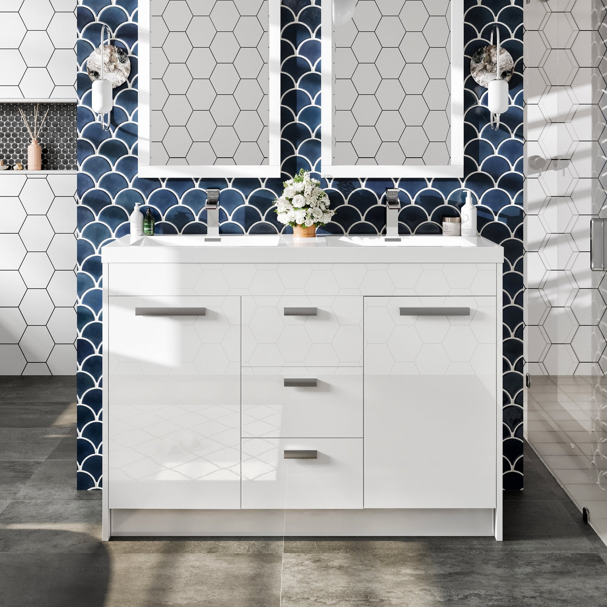 Lugano 48 in. White Double Sink Bath Vanity with Acrylic Top and Integrated Sinks - Bathroom Vanity by Eviva