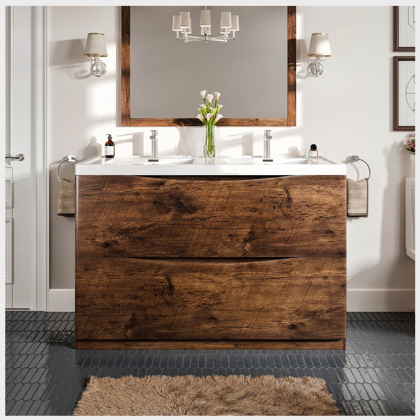 Smile 48"W x 19"D Rosewood Double Sink Bathroom Vanity with White Acrylic Countertop and Integrated Sinks