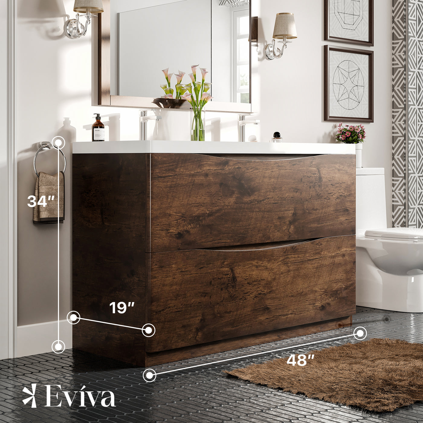 Smile 48"W x 19"D Rosewood Double Sink Bathroom Vanity with White Acrylic Countertop and Integrated Sinks