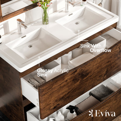 Smile 48"W x 19"D Rosewood Double Sink Bathroom Vanity with White Acrylic Countertop and Integrated Sinks