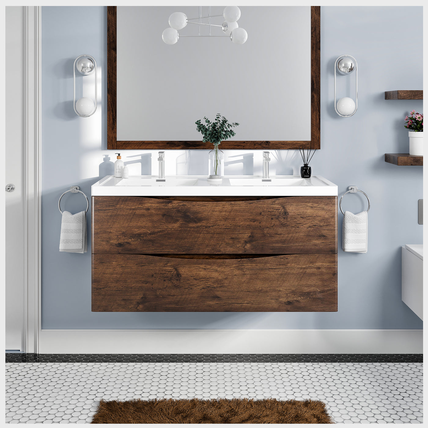 Smile 48"W x 19"D Rosewood Wall Mount Double Sink Bathroom Vanity with White Acrylic Countertop and Integrated Sinks