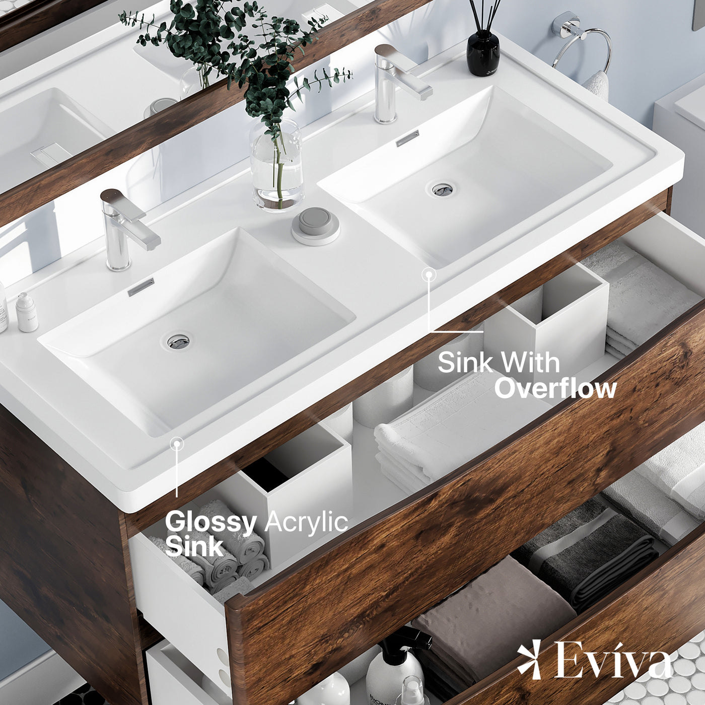 Smile 48"W x 19"D Rosewood Wall Mount Double Sink Bathroom Vanity with White Acrylic Countertop and Integrated Sinks