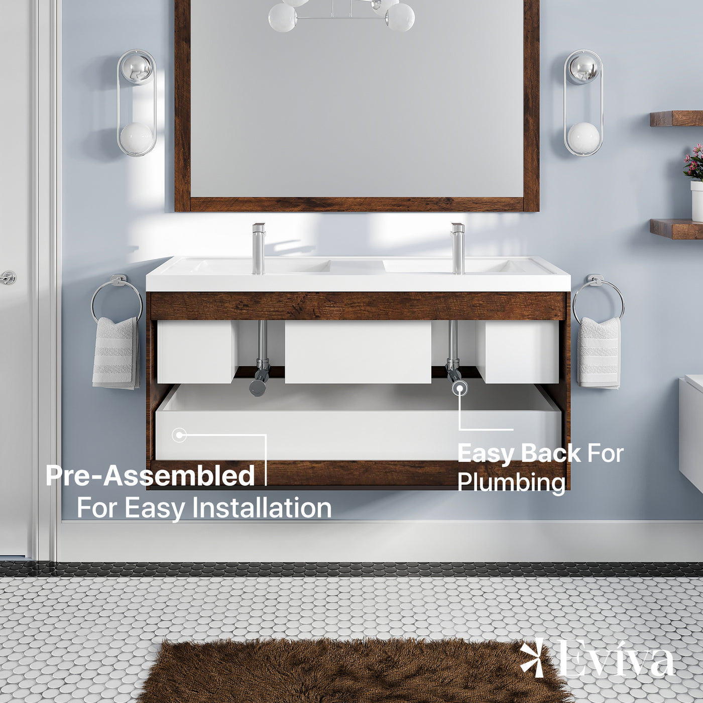 Smile 48"W x 19"D Rosewood Wall Mount Double Sink Bathroom Vanity with White Acrylic Countertop and Integrated Sinks