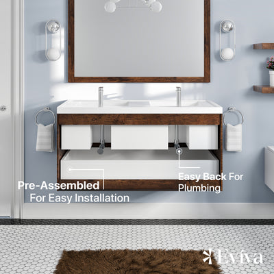 Smile 48"W x 19"D Rosewood Wall Mount Double Sink Bathroom Vanity with White Acrylic Countertop and Integrated Sinks