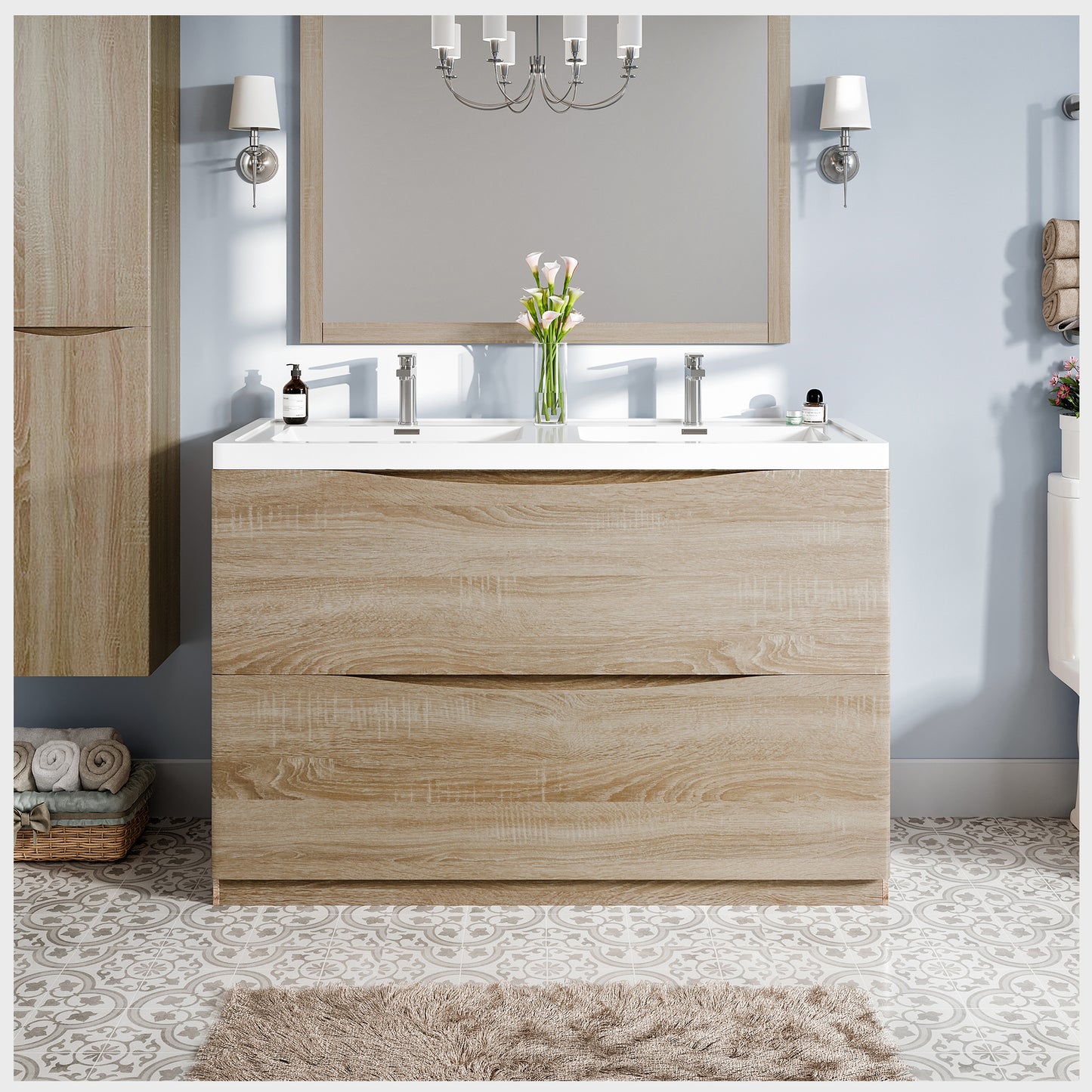 Smile 48"W x 19"D White Oak Double Sink Bathroom Vanity with Acrylic Countertop and Integrated Sink