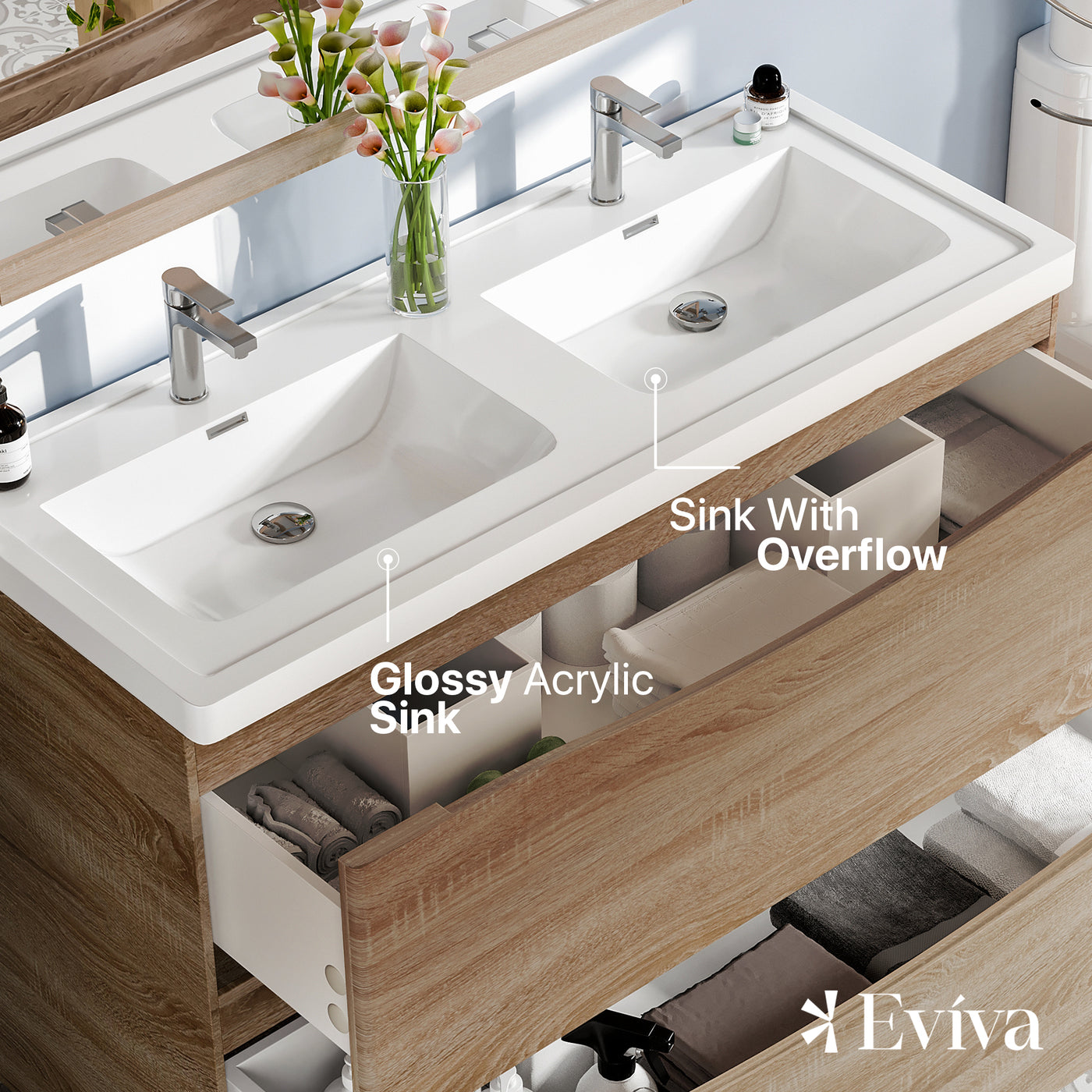 Smile 48"W x 19"D White Oak Double Sink Bathroom Vanity with White Acrylic Countertop and Integrated Sinks