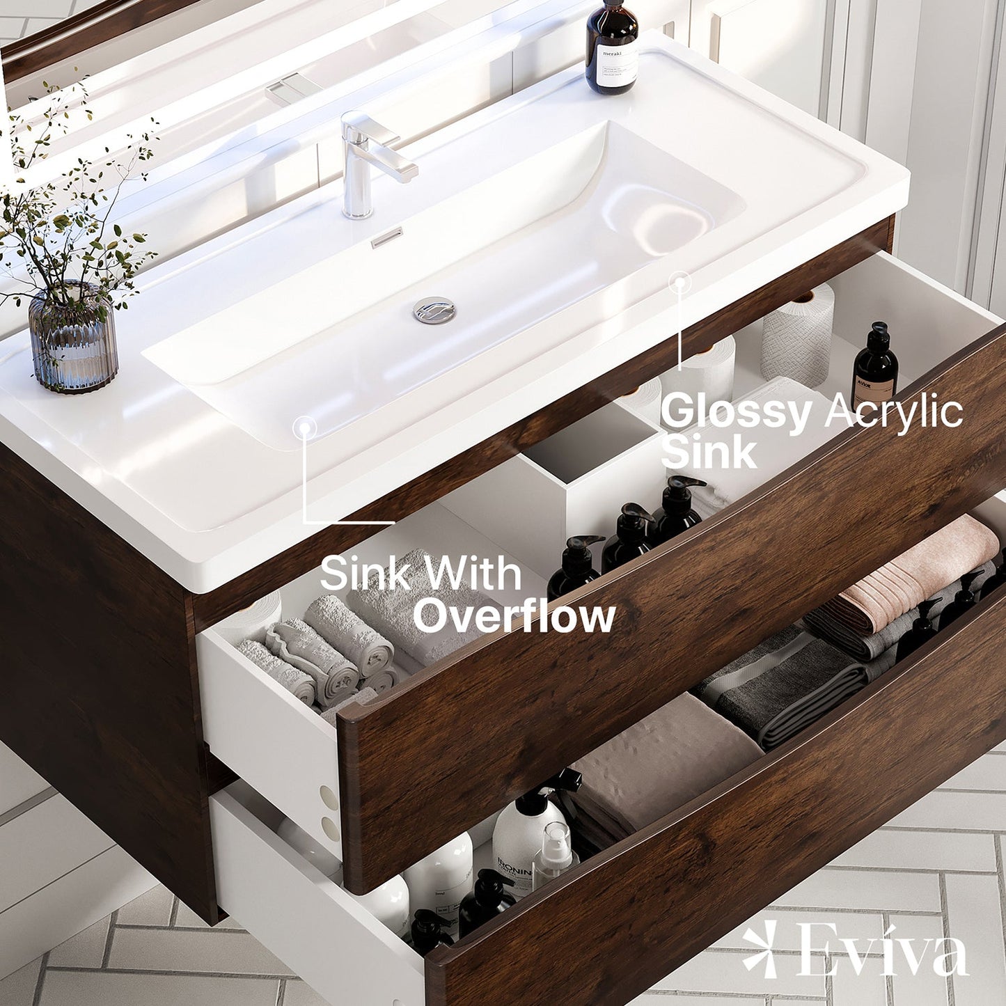 Eviva Smile 48" Rosewood Wall Mount Modern Bathroom Vanity w/ White Integrated Top