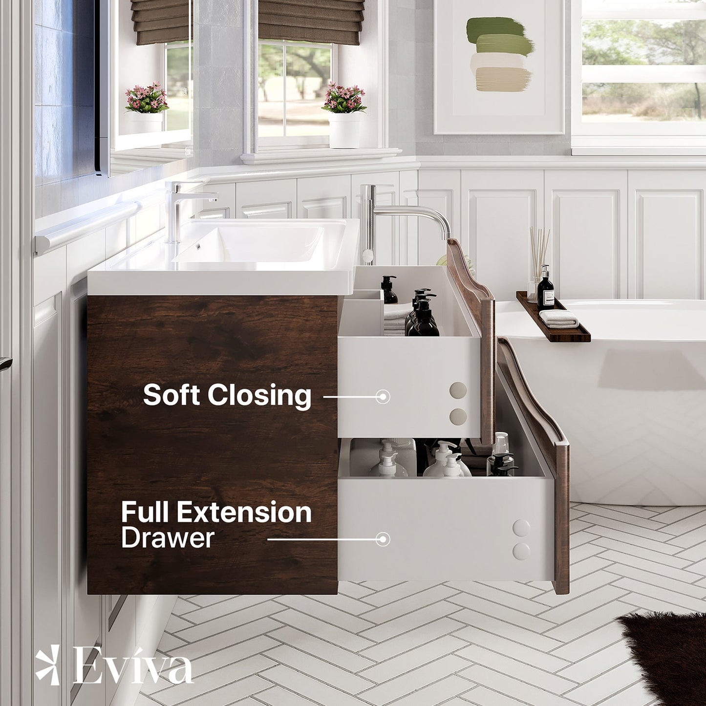 Eviva Smile 48" Rosewood Wall Mount Modern Bathroom Vanity w/ White Integrated Top