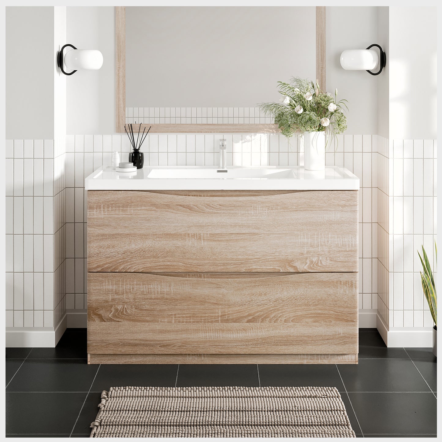 Eviva Smile 48" White Oak Freestanding Modern Bathroom Vanity w/ White Integrated Top