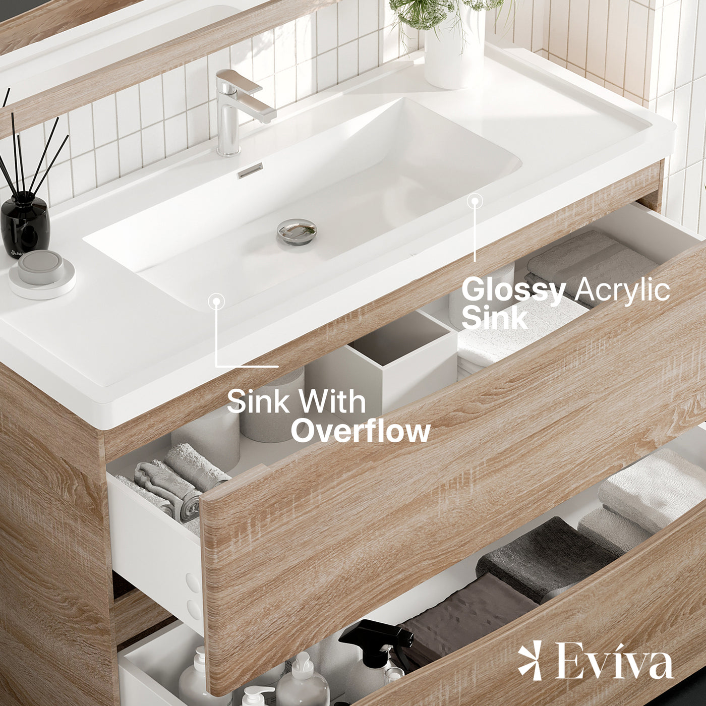 Smile 48"W x 19"D White Oak Bathroom Vanity with White Acrylic Countertop and Integrated Sink