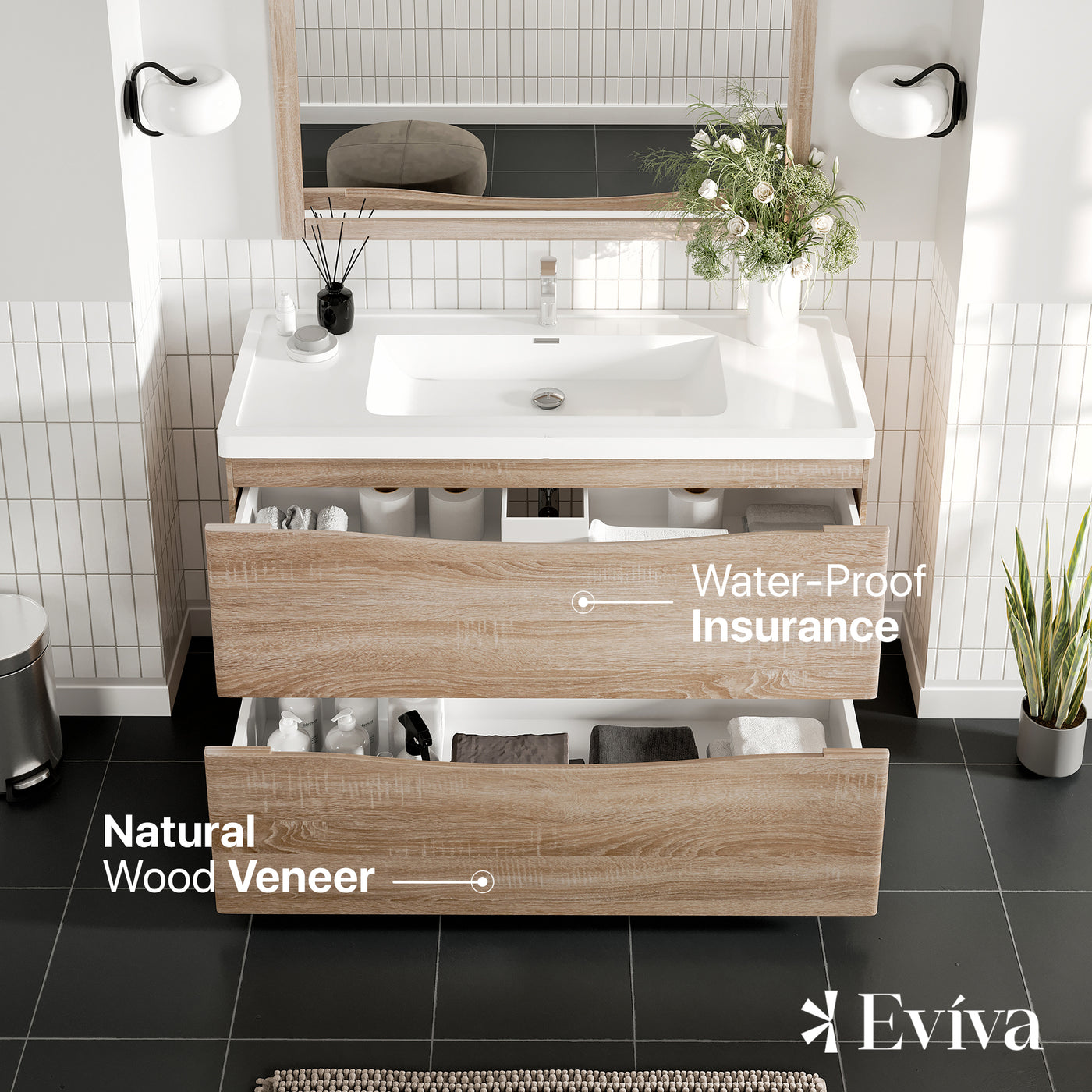 Smile 48"W x 19"D White Oak Bathroom Vanity with White Acrylic Countertop and Integrated Sink