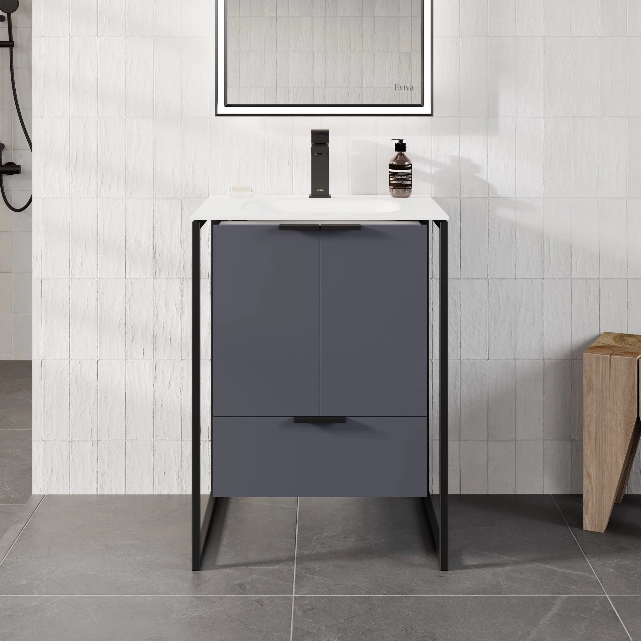 Moma 24 in. Blue Single Sink Bath Vanity with Solid Surface Top and Integrated Sink - Bathroom Vanity by Eviva