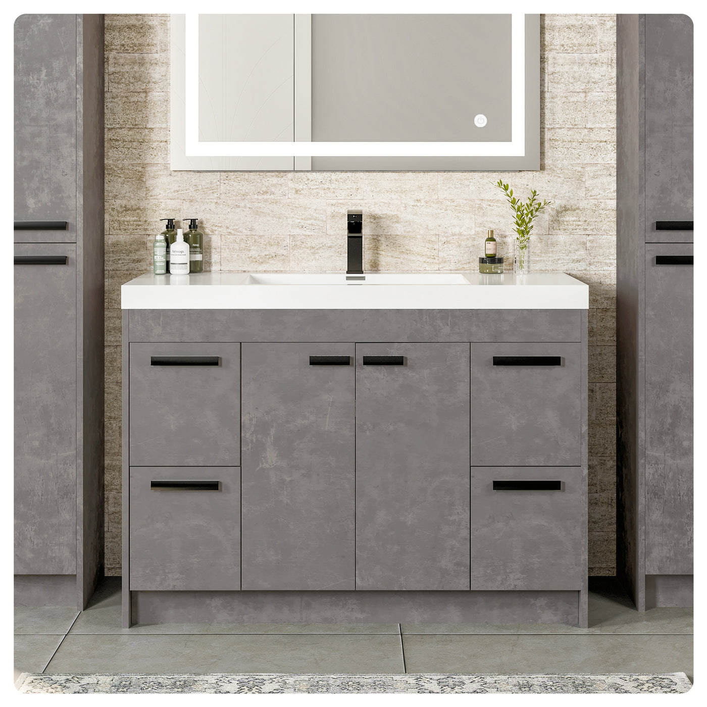 Lugano 48"W x 20"D Concrete Gray Bathroom Vanity with White Acrylic Countertop and Integrated Sink