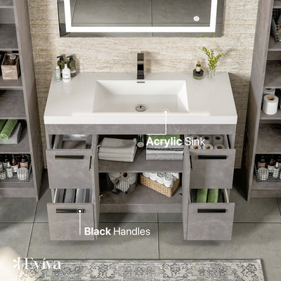 Lugano 48"W x 20"D Concrete Gray Bathroom Vanity with White Acrylic Countertop and Integrated Sink