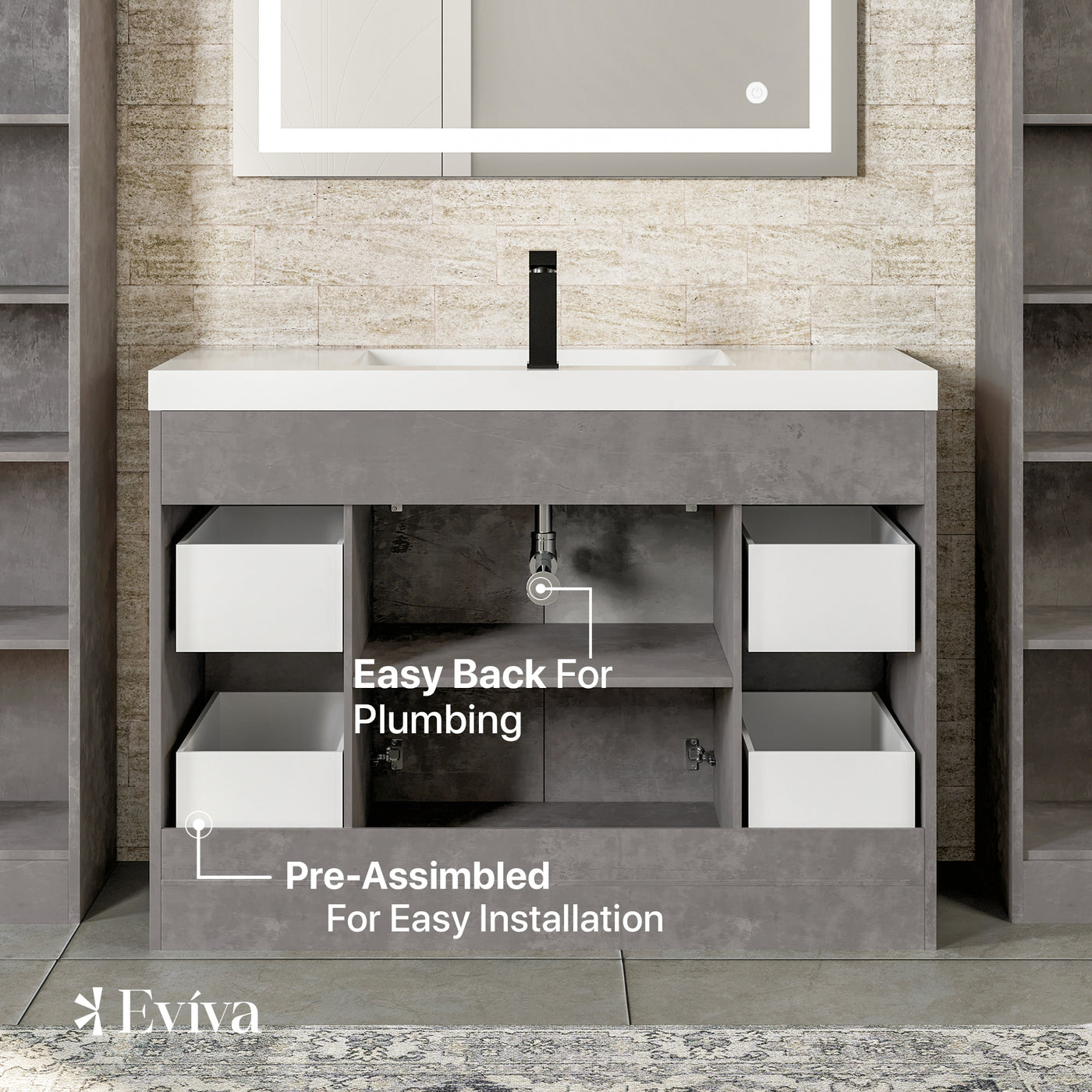 Lugano 48"W x 20"D Concrete Gray Bathroom Vanity with White Acrylic Countertop and Integrated Sink