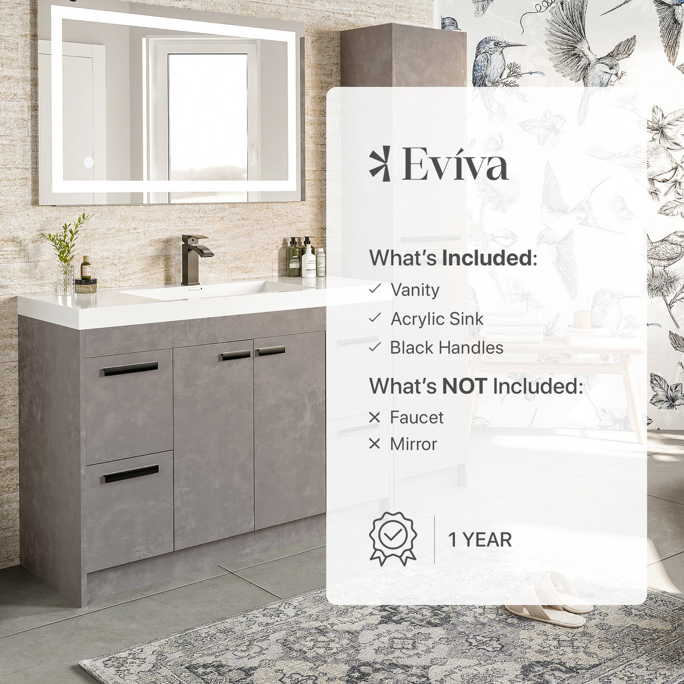 Lugano 48"W x 20"D Concrete Gray Bathroom Vanity with White Acrylic Countertop and Integrated Sink