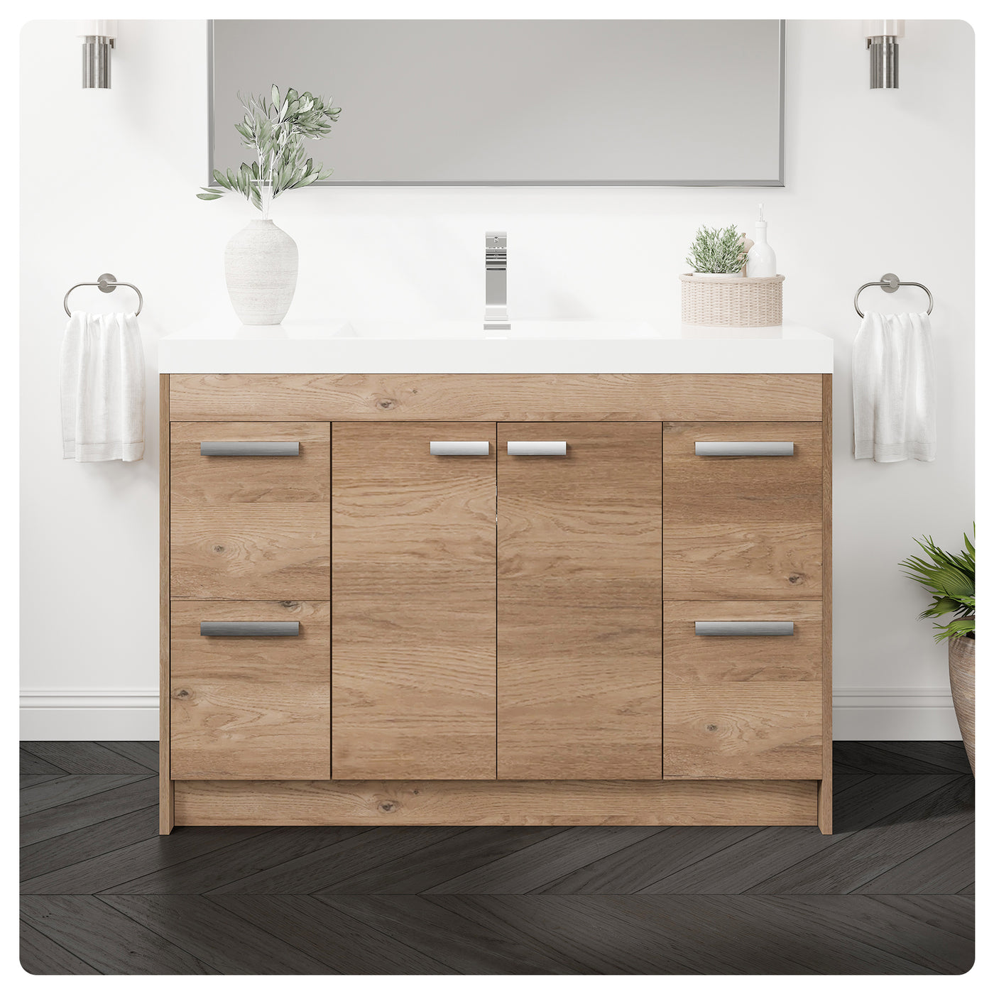 Lugano 48"W x 20"D Natural Oak Bathroom Vanity with White Acrylic Countertop and Integrated Sink