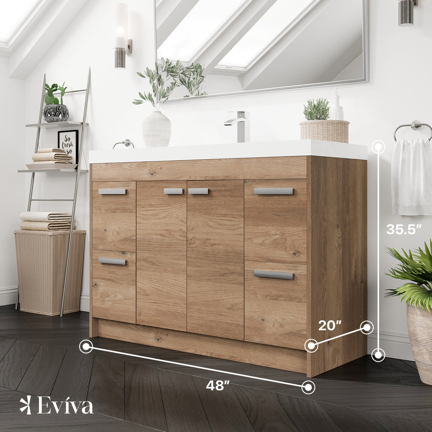 Lugano 48"W x 20"D Natural Oak Bathroom Vanity with White Acrylic Countertop and Integrated Sink