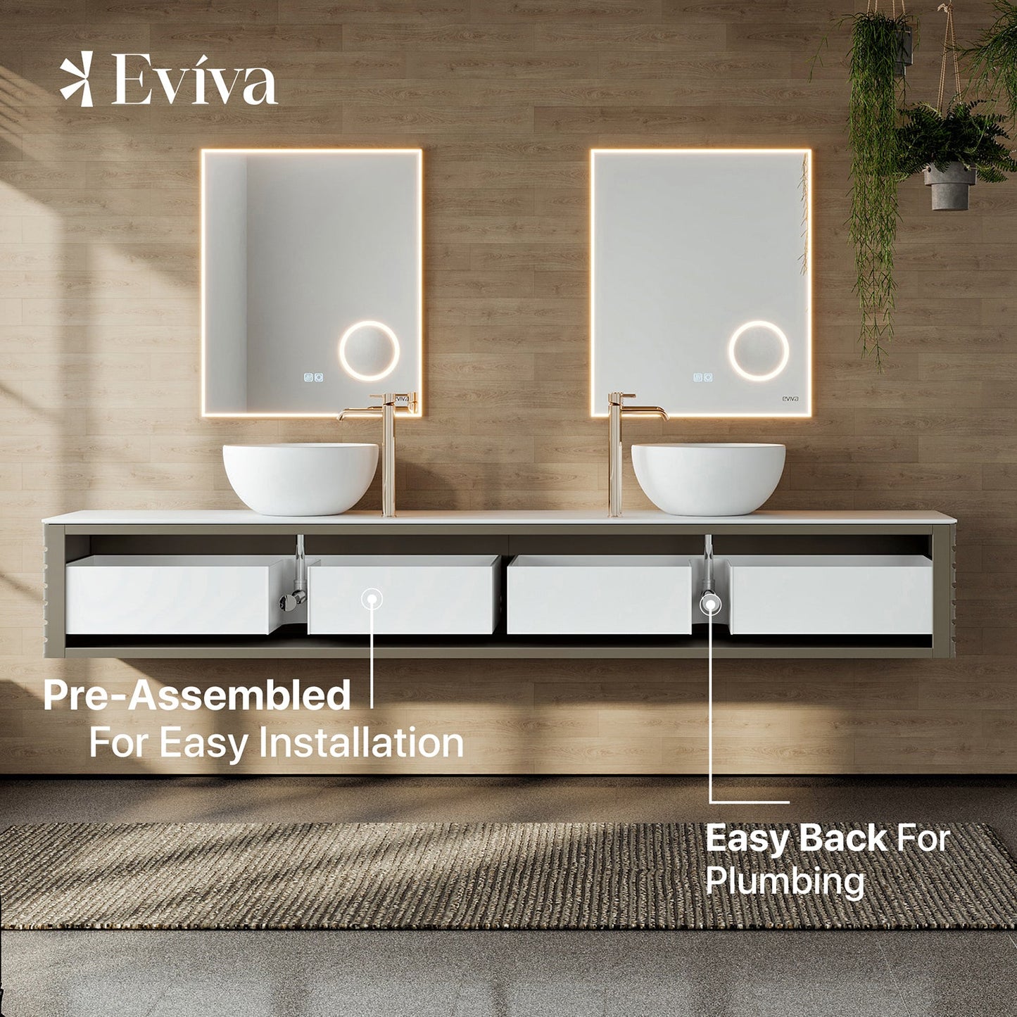 Eviva Dream 78 Inch Smog Grey Wall Mount Vanity with double vessel Sink
