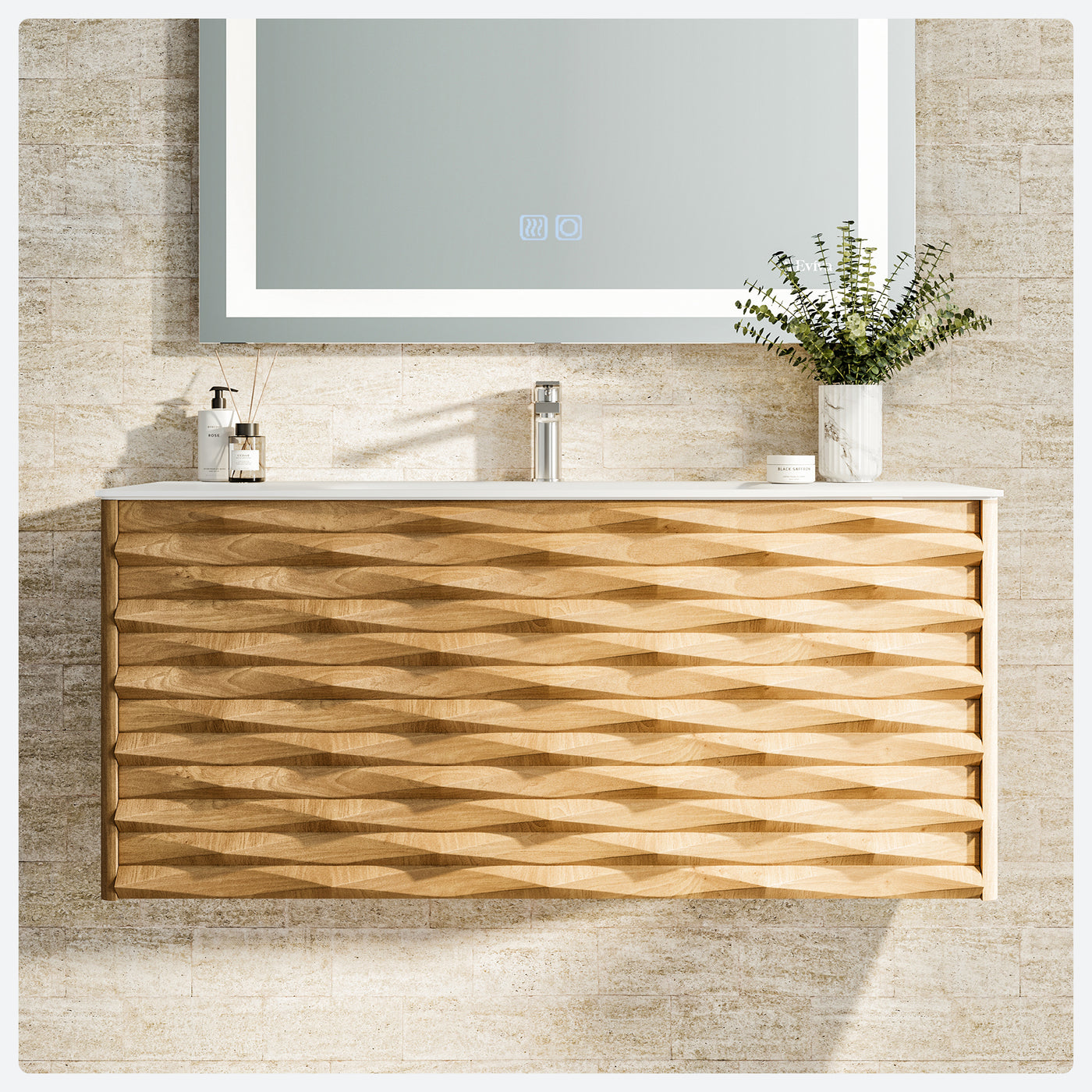 Oahu 44"W x 20"D Oak Wall Mount Bathroom Vanity with White Solid Surface Countertop and Integrated Sink