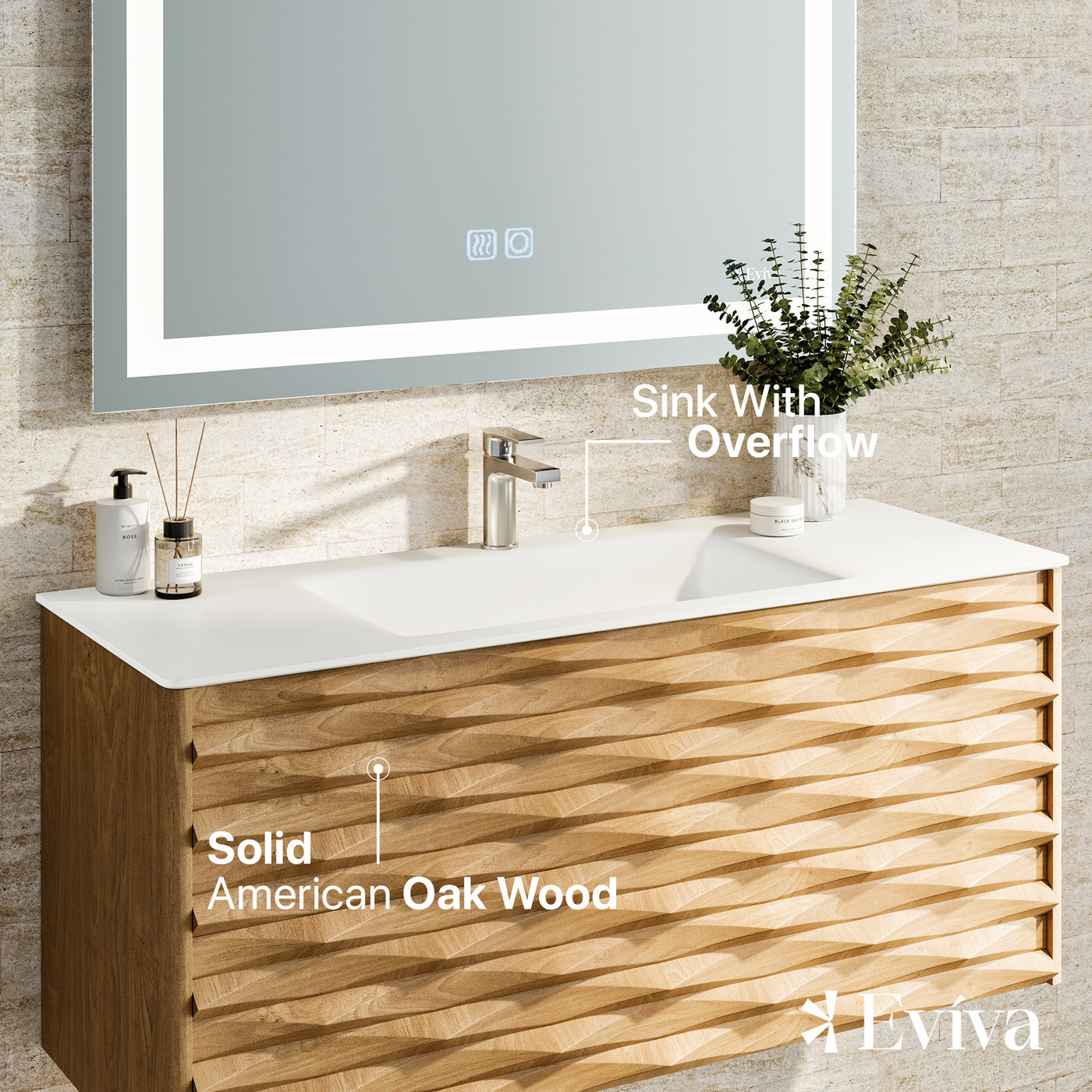 Oahu 44"W x 20"D Oak Wall Mount Bathroom Vanity with White Solid Surface Countertop and Integrated Sink