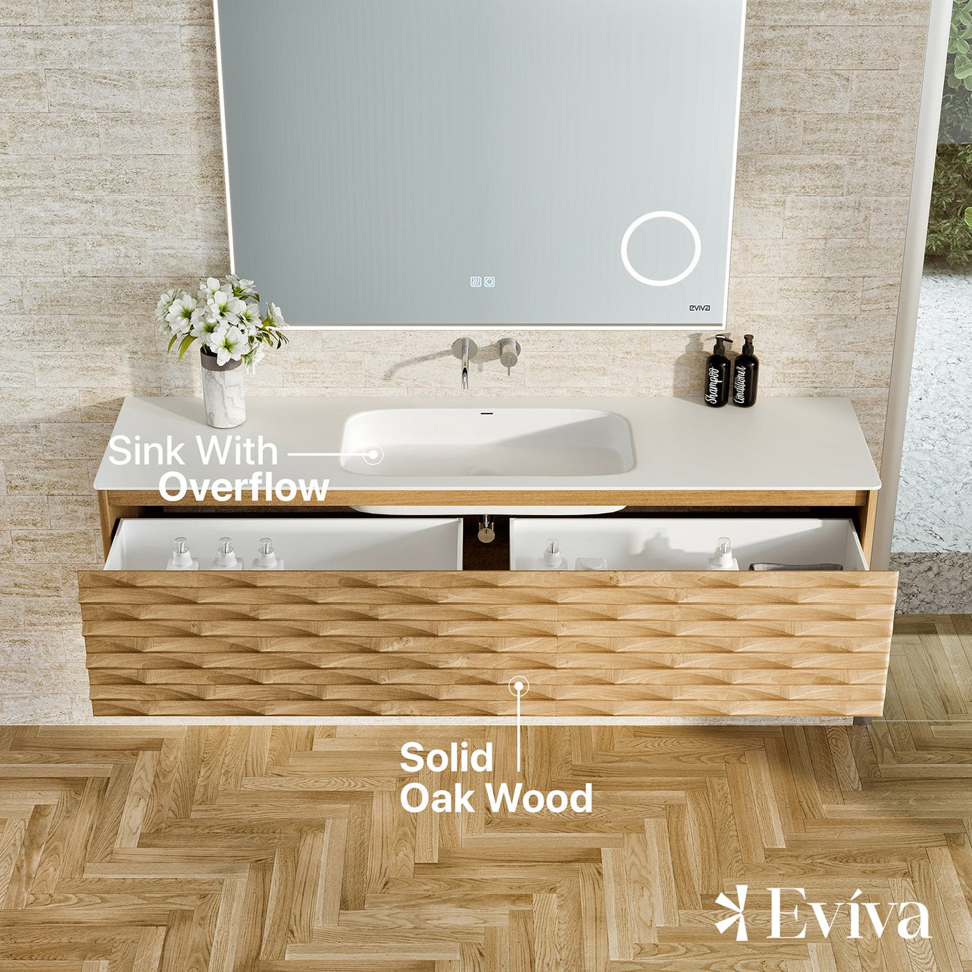 Oahu 55"W x 20"D Oak Wall Mount Bathroom Vanity with White Solid Surface Countertop and Integrated Sink