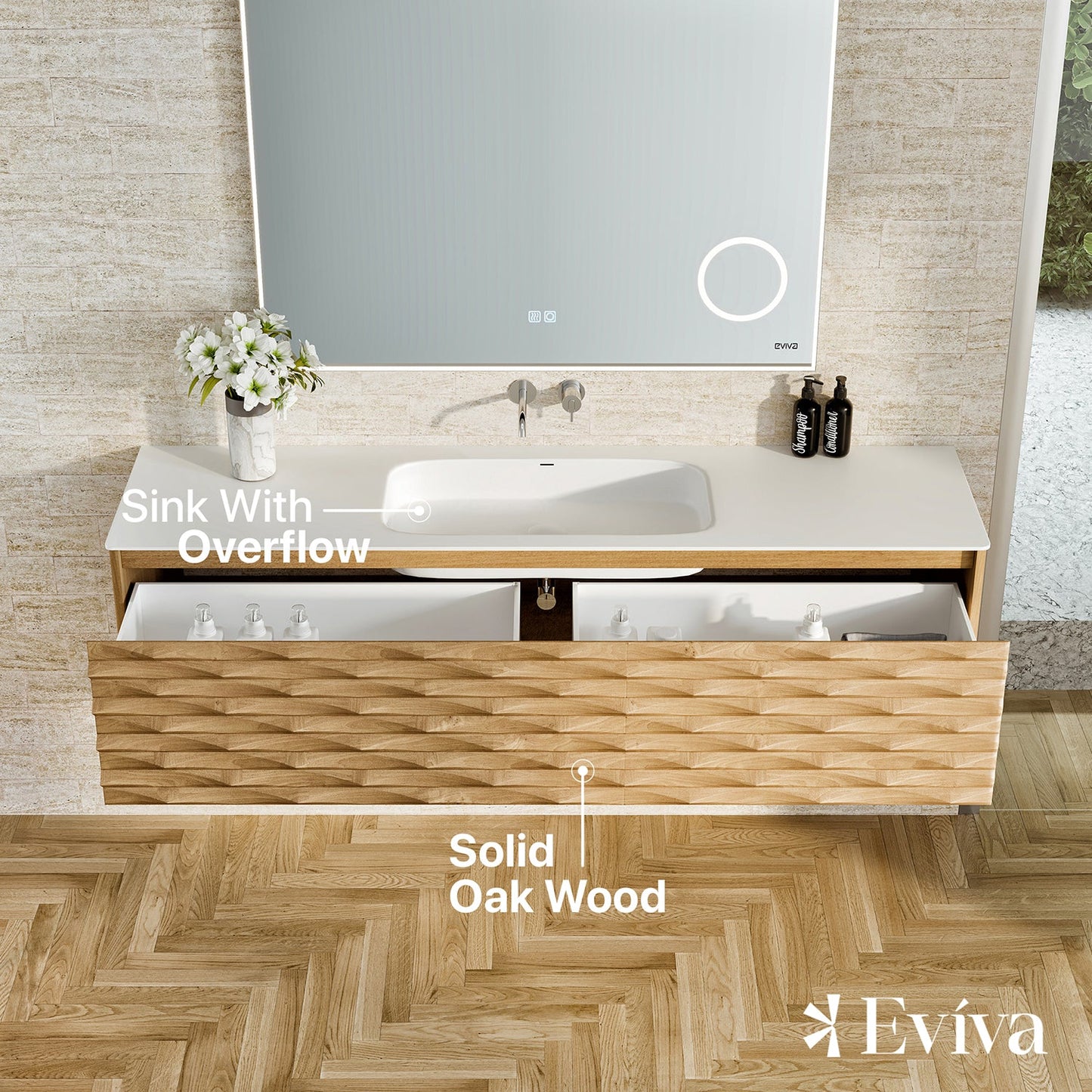 Eviva Oahu 55 Inch Wall Mount Oak Vanity with Solid Surface Integrated Sink
