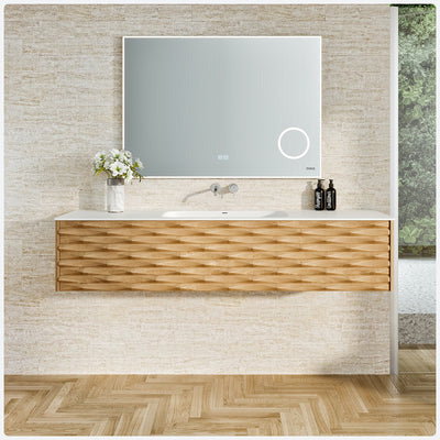 Oahu 55"W x 20"D Oak Wall Mount Bathroom Vanity with White Solid Surface Countertop and Integrated Sink