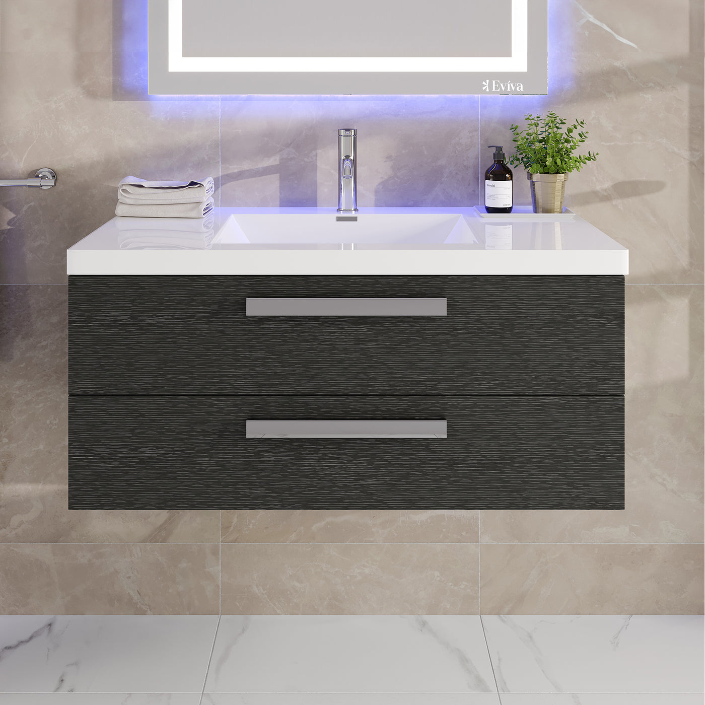 Surf 36"W x 20"D Blackwood Wall Mount Bathroom Vanity with White Acrylic Countertop and Integrated Sink