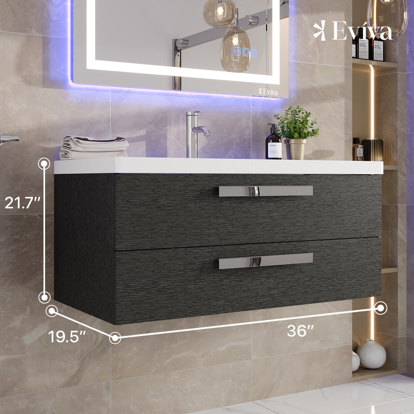 Surf 36"W x 20"D Blackwood Wall Mount Bathroom Vanity with White Acrylic Countertop and Integrated Sink