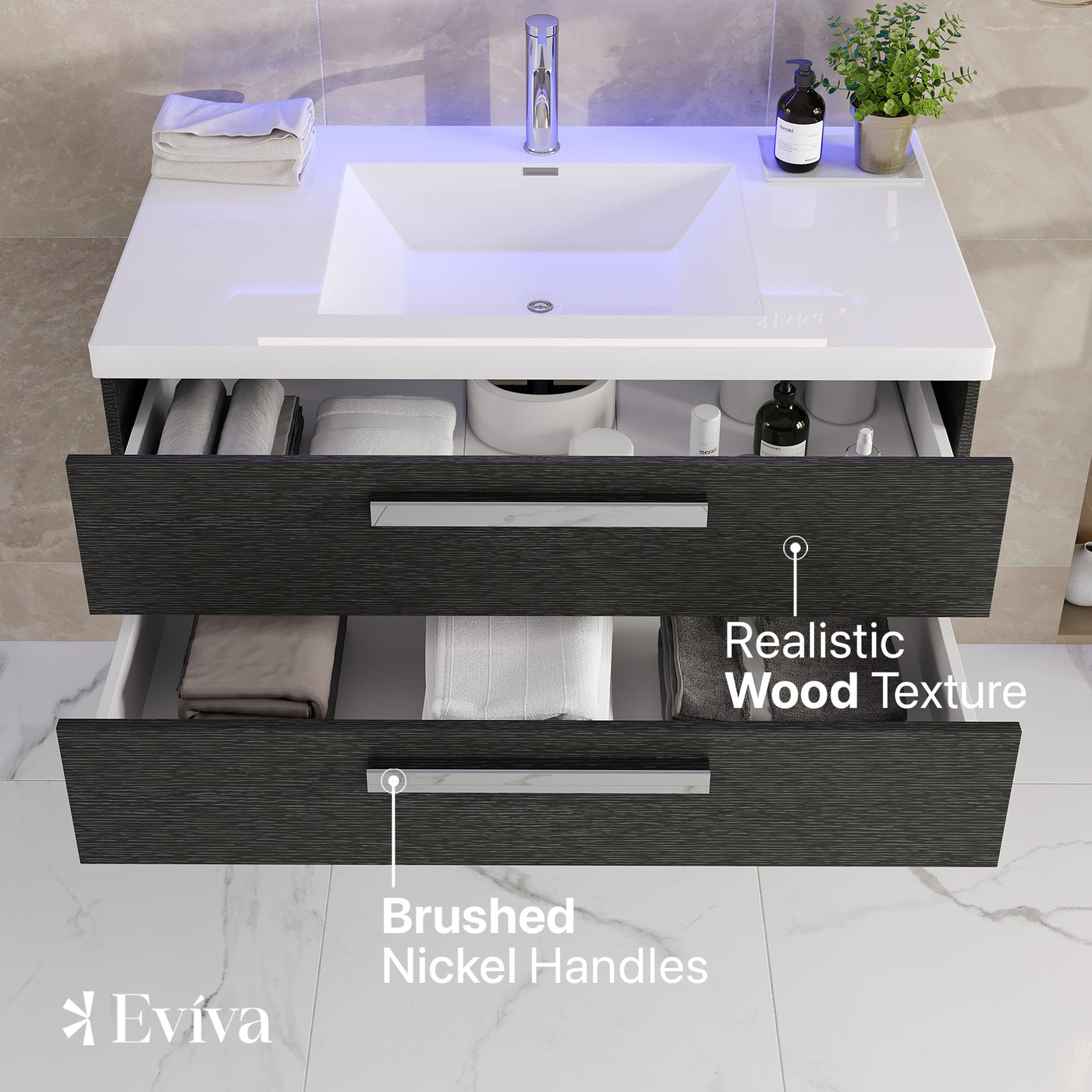 Surf 36"W x 20"D Blackwood Wall Mount Bathroom Vanity with White Acrylic Countertop and Integrated Sink