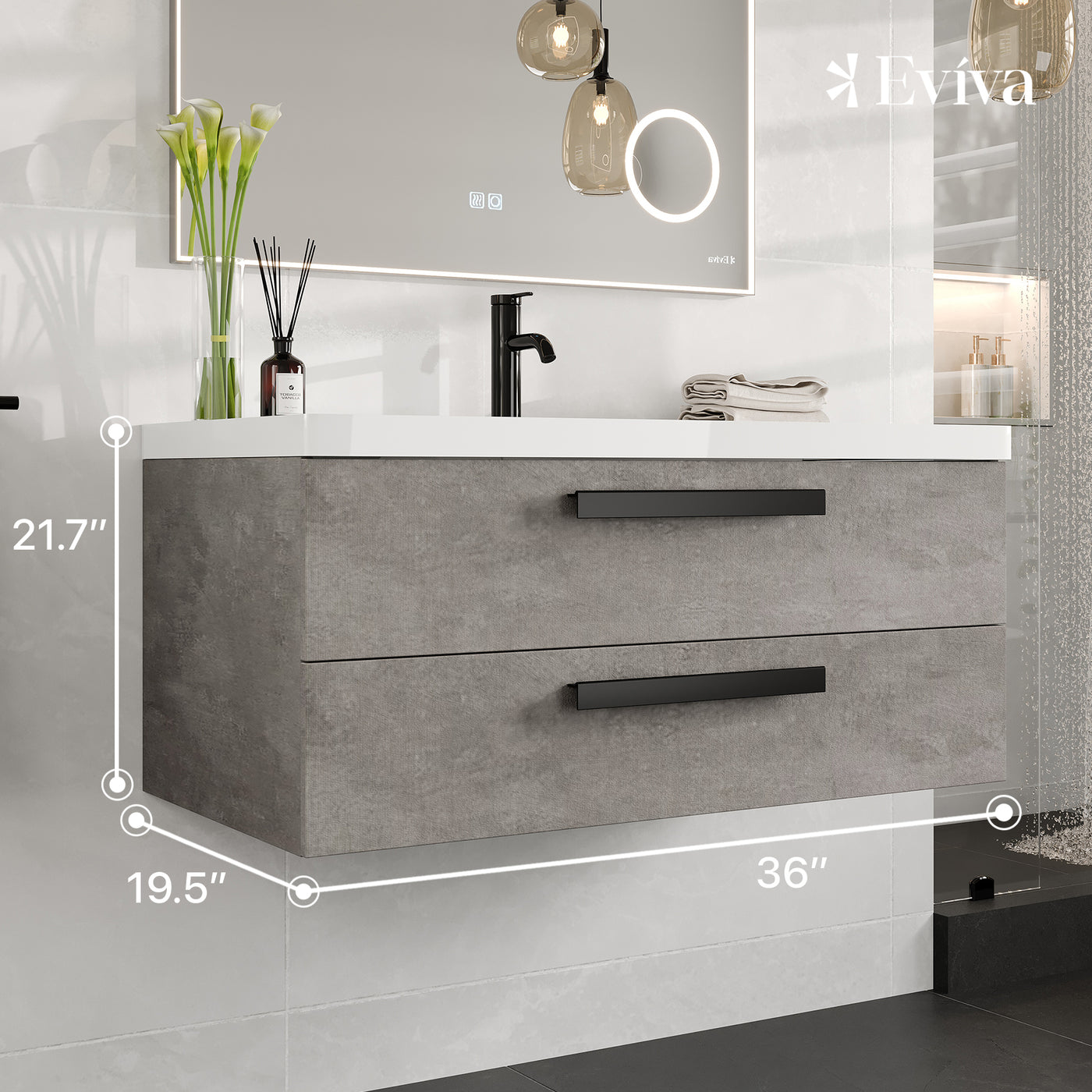 Surf 36"W x 20"D Concrete Gray Wall Mount Bathroom Vanity with White Acrylic Countertop and Integrated Sink