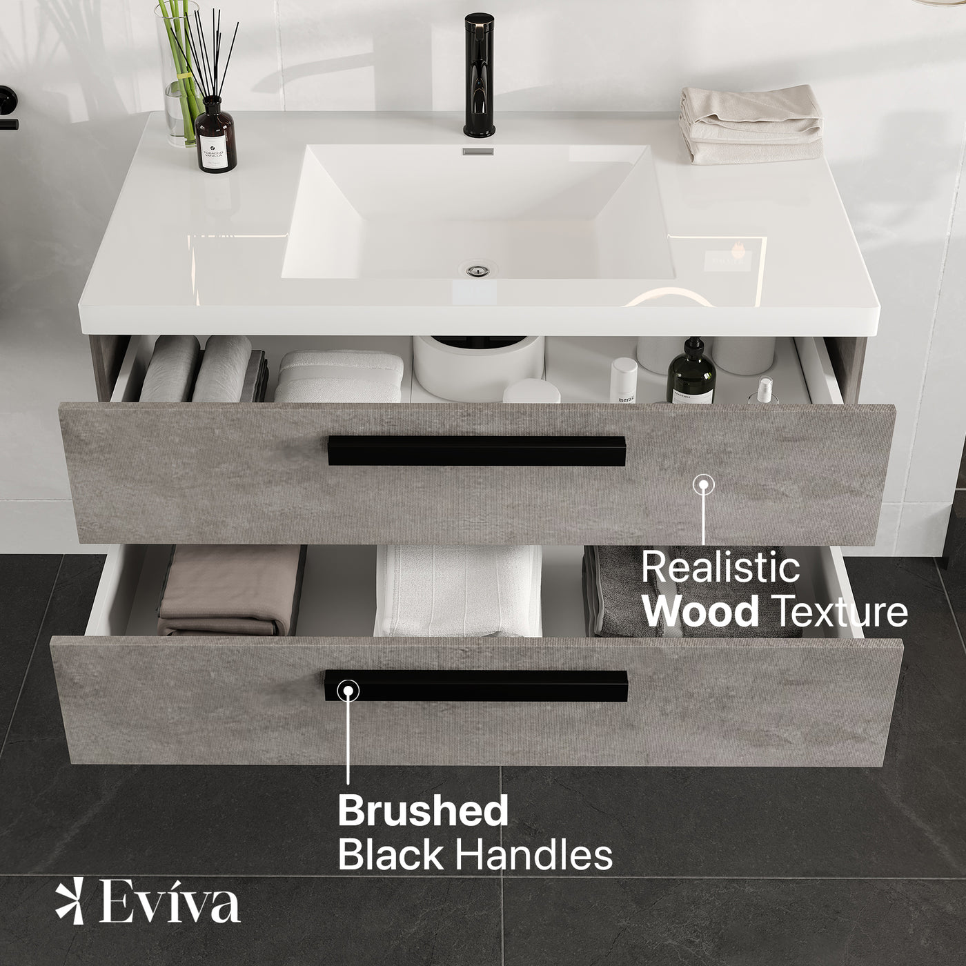 Surf 36"W x 20"D Concrete Gray Wall Mount Bathroom Vanity with White Acrylic Countertop and Integrated Sink