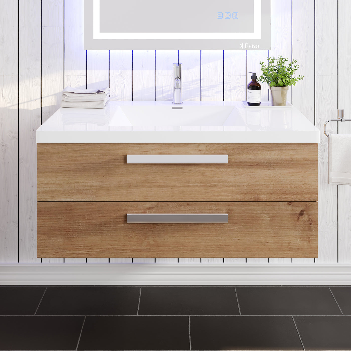 Surf 36"W x 20"D Natural Oak Wall Mount Bathroom Vanity with White Acrylic Countertop and Integrated Sink