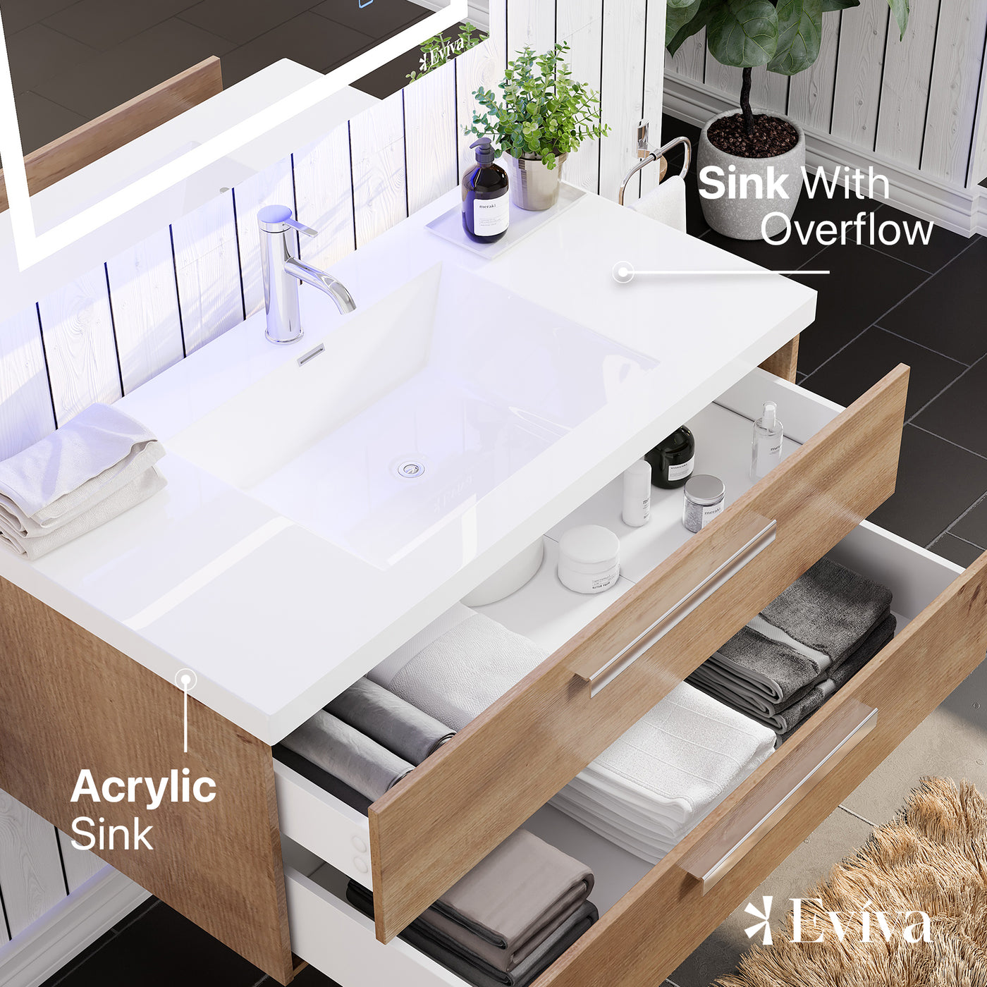 Surf 36"W x 20"D Natural Oak Wall Mount Bathroom Vanity with White Acrylic Countertop and Integrated Sink