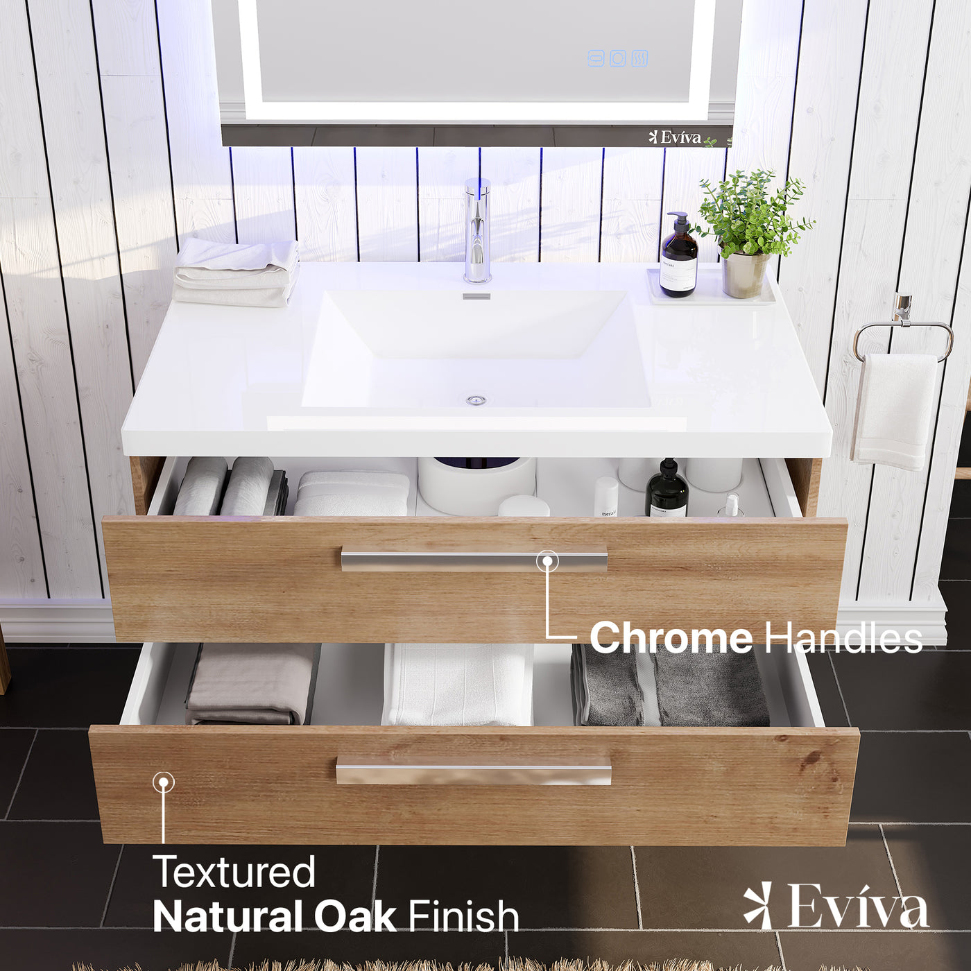 Surf 36"W x 20"D Natural Oak Wall Mount Bathroom Vanity with White Acrylic Countertop and Integrated Sink