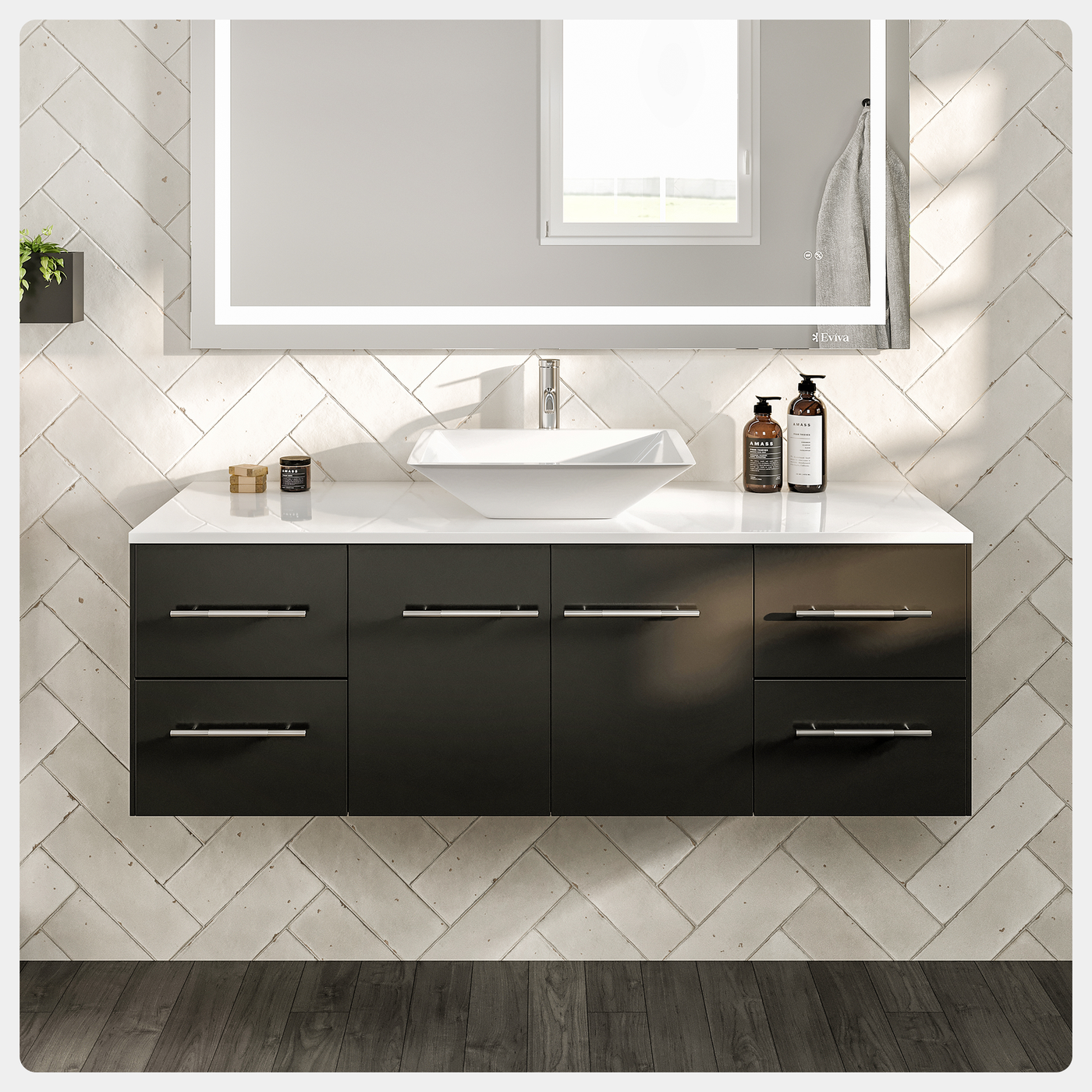 Wave 48"W x 22"D Espresso Wall Mount Bathroom Vanity with White Quartz Countertop and Vessel Porcelain Sink