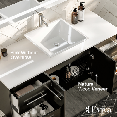 Wave 48"W x 22"D Espresso Wall Mount Bathroom Vanity with White Quartz Countertop and Vessel Porcelain Sink